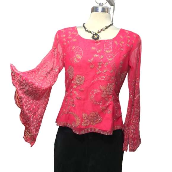 Tops - Designed Handmade Pink Embellish Flower Pattern Gold Sparkle Trimmed  Size S